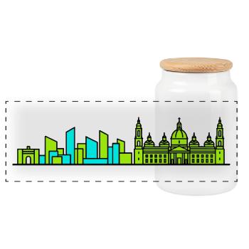 Zaragoza City Skyline Basilica Line Art - Panoramic Cookie Jar with Wooden Lid - white - Front