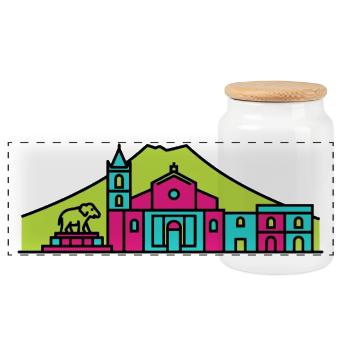 Catania City Skyline Mount Etna Line Art - Panoramic Cookie Jar with Wooden Lid - white - Front