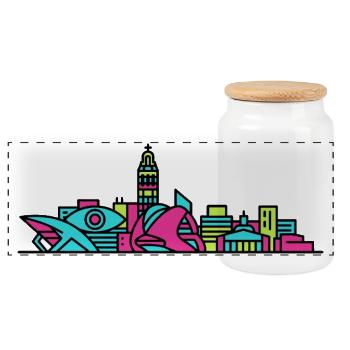 Valencia City Skyline Arts and Sciences Line Art - Panoramic Cookie Jar with Wooden Lid - white - Front
