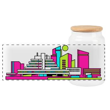 Cumbernauld City Skyline Moderne Linienzeichnung - Panorama Keksdose mit Holzdeckel - Weiß - Vorne