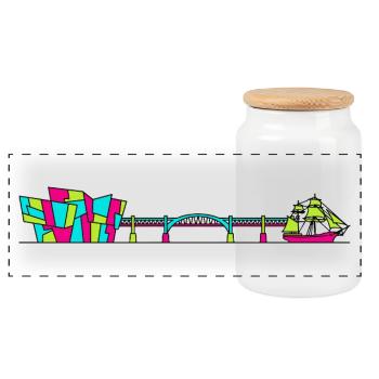 Dundee City Skyline V&A Museum Line Art - Panoramic Cookie Jar with Wooden Lid - white - Front