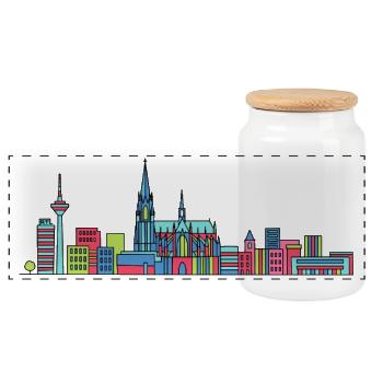 Kölner Stadtschirm Dom: Moderne Linienkunst - Panorama Keksdose mit Holzdeckel - Weiß - Vorne