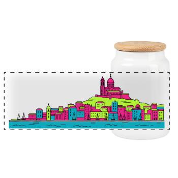 Marseille City Skyline Basilica Modern Line Art - Panoramic Cookie Jar with Wooden Lid - white - Front