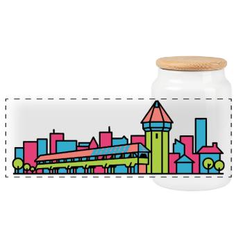 Artographie linéaire du pont de la chapelle de la Skyline de Lucerne City - Boîte à biscuits avec couvercle en bois - blanc - Devant