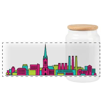 Vasteras City Skyline Cathedral Modern Line Art - Panoramic Cookie Jar with Wooden Lid - white - Front