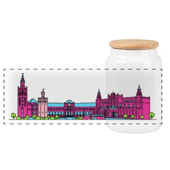 Sevillaer Stadtskyline Plaza de España Linienkunst - Panorama Keksdose mit Holzdeckel - Weiß - Vorne
