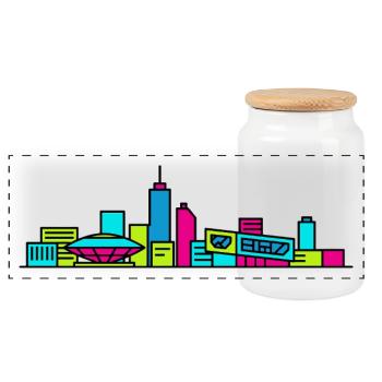Eindhoven City Skyline Evoluon Modern Line Art - Panoramic Cookie Jar with Wooden Lid - white - Front