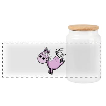 Witziges buckelndes Cartoon Pferd - Springpferd - Panorama Keksdose mit Holzdeckel - Weiß - Vorne