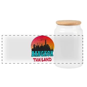 Bangkok Skyline / Thailand Gift Vintage Retro - Panoramic Cookie Jar with Wooden Lid - white - Front
