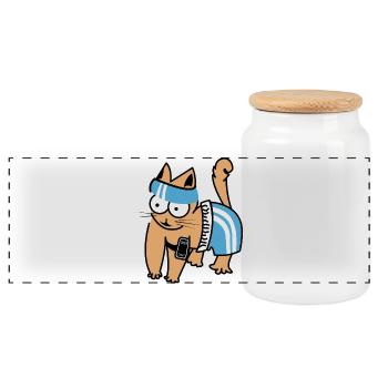 Cat Smartphone Fitness Funny Sports Training - Panoramic Cookie Jar with Wooden Lid - white - Front