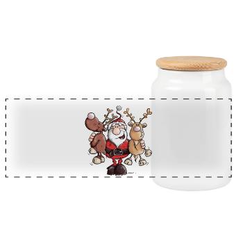 Weihnachtsmann umarmt Rentiere - Panorama Keksdose mit Holzdeckel - Weiß - Vorne