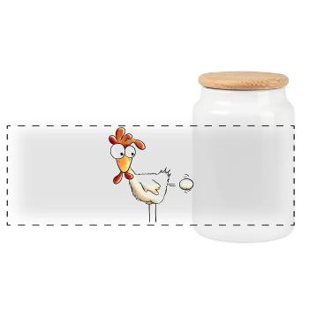 Plopp es ist raus das Ei - Huhn - Hahn - Gockel - Panorama Keksdose mit Holzdeckel - Weiß - Vorne