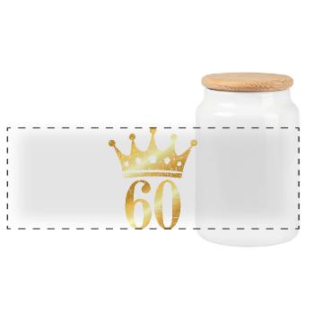 60. Geburtstag Geschenk mit Krone (Goldgelb) - Panorama Keksdose mit Holzdeckel - Weiß - Vorne