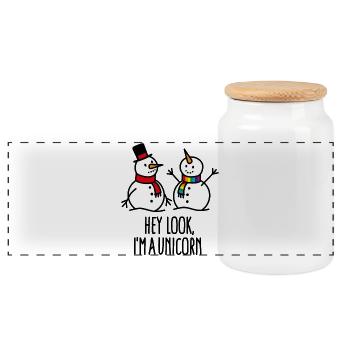 Hey look I'm a unicorn, snowman, christmas - Panoramic Cookie Jar with Wooden Lid - white - Front