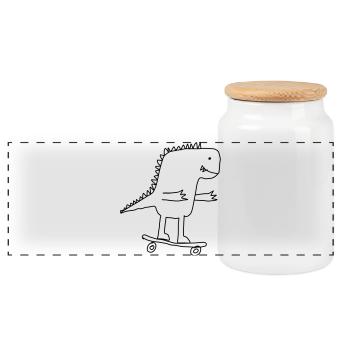 Dino on Skateboard – Cool Cartoon for Nerds - Panoramic Cookie Jar with Wooden Lid - white - Front
