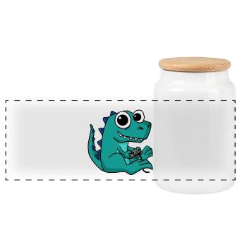Gaming Dinosaur Sweet Gamer Nerd Animal Dear - Panoramic Cookie Jar with Wooden Lid - white - Front