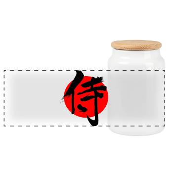 Samurai in Japanese kanji script red sun - Panoramic Cookie Jar with Wooden Lid - white - Front