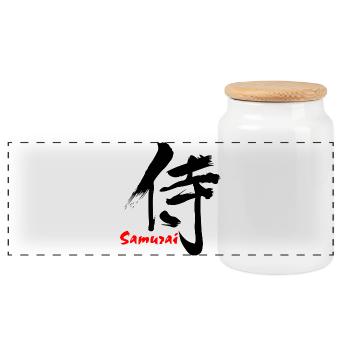 Samurai in Japanese kanji script - Panoramic Cookie Jar with Wooden Lid - white - Front