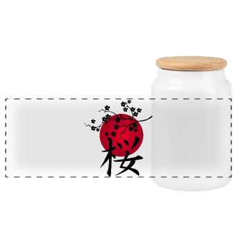 Black Japanese cherry and red sun - Panoramic Cookie Jar with Wooden Lid - white - Front