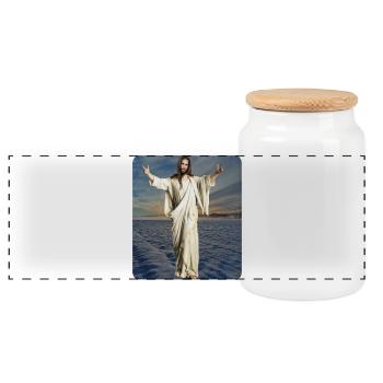 Jesusfigur Winter - Panorama Keksdose mit Holzdeckel - Weiß - Vorne