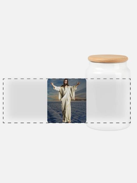 Jesusfigur Winter - Panorama Keksdose mit Holzdeckel - Weiß