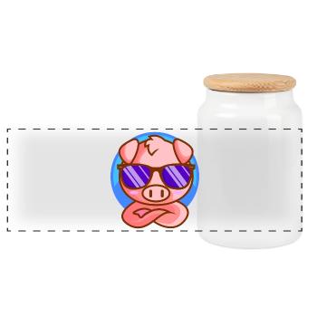 Kleines Ferkel mit Sonnenbrille - Panorama Keksdose mit Holzdeckel - Weiß - Vorne