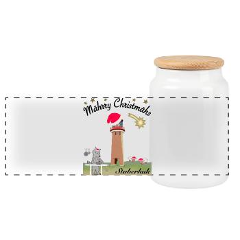 Weihnachten Leuchtturm Staberhuk, kultiger Wolf - Panorama Keksdose mit Holzdeckel - Weiß - Vorne