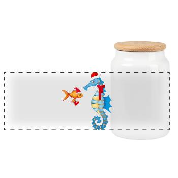 Fish and seahorses in Christmas spirit - Panoramic Cookie Jar with Wooden Lid - white - Front