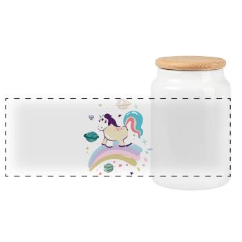 Himmlisches Einhorn auf Regenbogen - Panorama Keksdose mit Holzdeckel - Weiß - Vorne