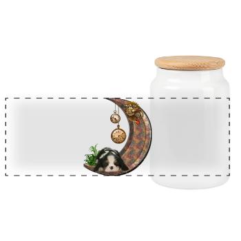 Steampunk moon with puppy - Panoramic Cookie Jar with Wooden Lid - white - Front
