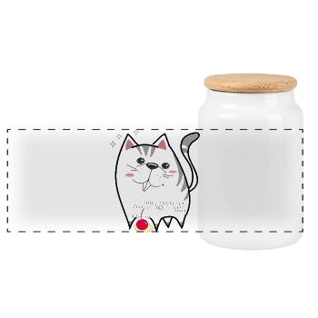 cute cat - Panoramic Cookie Jar with Wooden Lid - white - Front