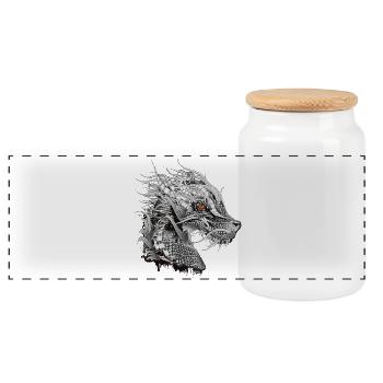 kunstvoll gestalteter mystischer Drachen Kopf - Panorama Keksdose mit Holzdeckel - Weiß - Vorne