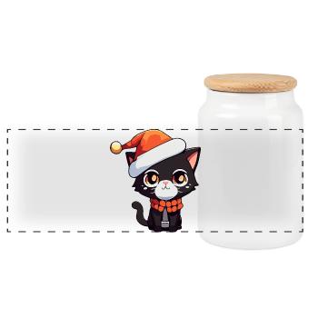 Kawaii Cat with Santa Hat Cute Kitten - Panoramic Cookie Jar with Wooden Lid - white - Front