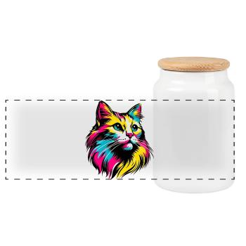 Cat - Panoramic Cookie Jar with Wooden Lid - white - Front