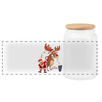 Dabbing Santa, Rudolph und Weihnachtsbeleuchtung - Panorama Keksdose mit Holzdeckel - Weiß - Vorne