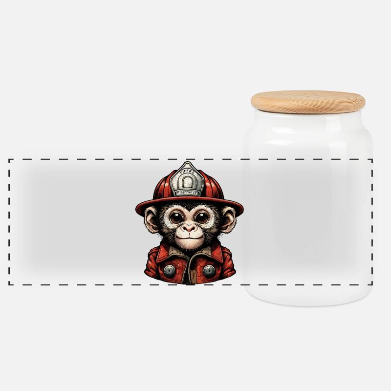 Kleiner Affe im Feuerwehr-Outfit - Panorama Keksdose mit Holzdeckel - Weiß
