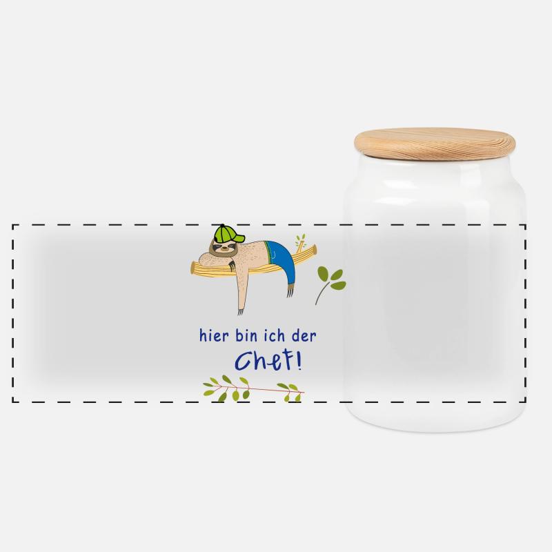 hier bin ich der Chef Faultier - Panorama Keksdose mit Holzdeckel - Weiß