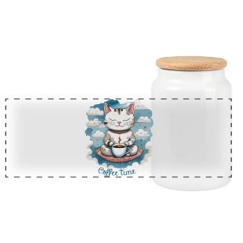 Katze trinkt Kaffee, Kaffeezeit, Katzenhumor - Panorama Keksdose mit Holzdeckel - Weiß - Vorne