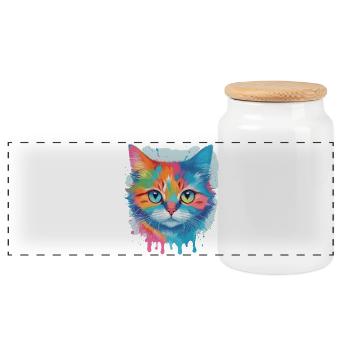 Cute Cat - Panoramic Cookie Jar with Wooden Lid - white - Front