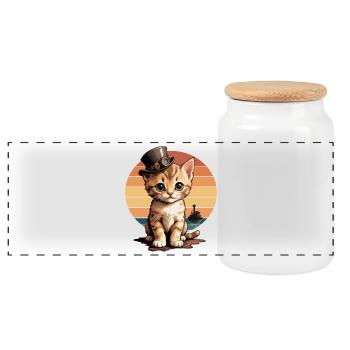 Steampunk Katze - Panorama Keksdose mit Holzdeckel - Weiß - Vorne