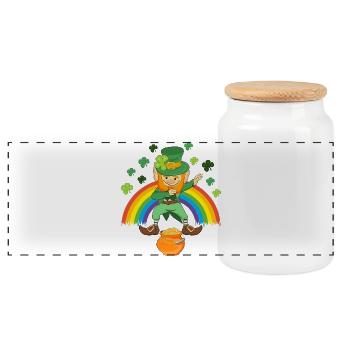 Dabbing Leprechaun Pot of Gold Shamrock ST. Patrick's Day - Panoramic Cookie Jar with Wooden Lid - white - Front
