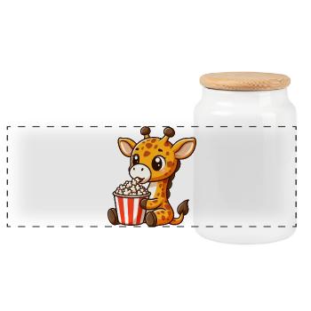Cinema fan giraffe eats popcorn - Panoramic Cookie Jar with Wooden Lid - white - Front