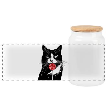 Cat Sweet Tooth Lollipop Candy - Panoramic Cookie Jar with Wooden Lid - white - Front