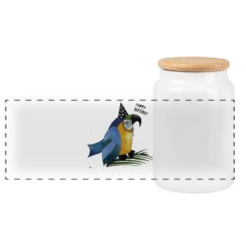 Happy Birthday Parrot Illustration - Panoramic Cookie Jar with Wooden Lid - white - Front