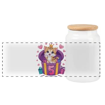 Süße Katze - 5. Geburtstag - 5 Jahre - Panorama Keksdose mit Holzdeckel - Weiß - Vorne