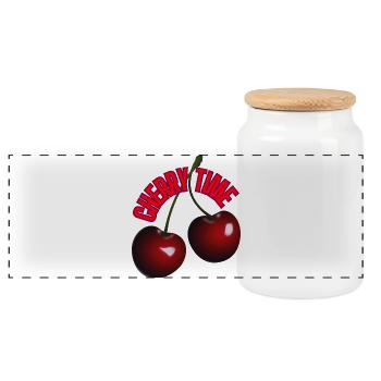 Hot 4 🍒 cherries and funny lettering - Panoramic Cookie Jar with Wooden Lid - white - Front