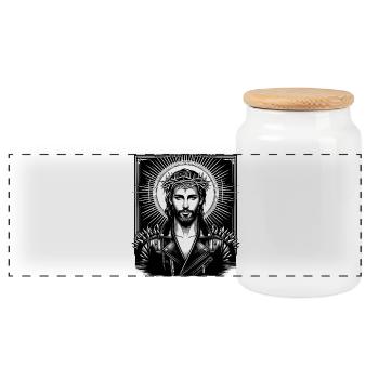 Jesus Christus mit stylischer Frisur & Lederjacke - Panorama Keksdose mit Holzdeckel - Weiß - Vorne