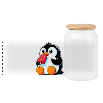 Penguin eats a popsicle - Panoramic Cookie Jar with Wooden Lid - white - Front