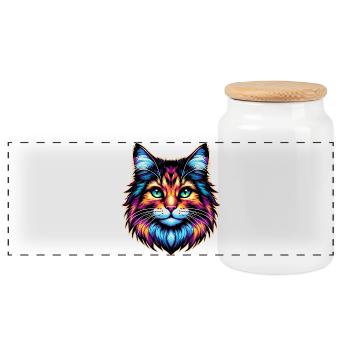 Cat - Panoramic Cookie Jar with Wooden Lid - white - Front