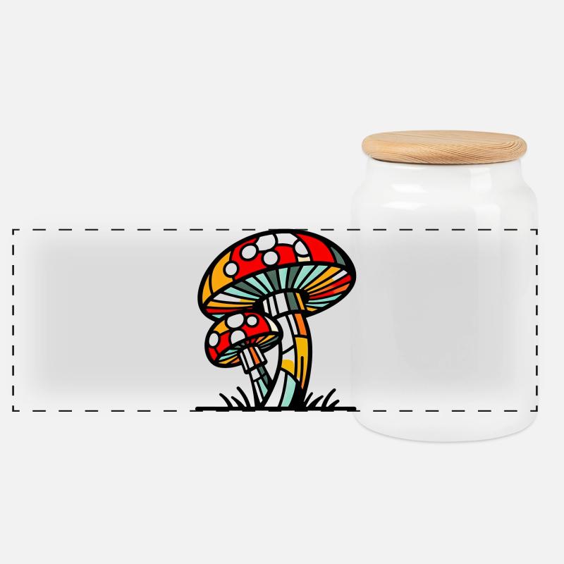 Fungo Funghi Mushroom Mushrooms - Panoramic Cookie Jar with Wooden Lid - white